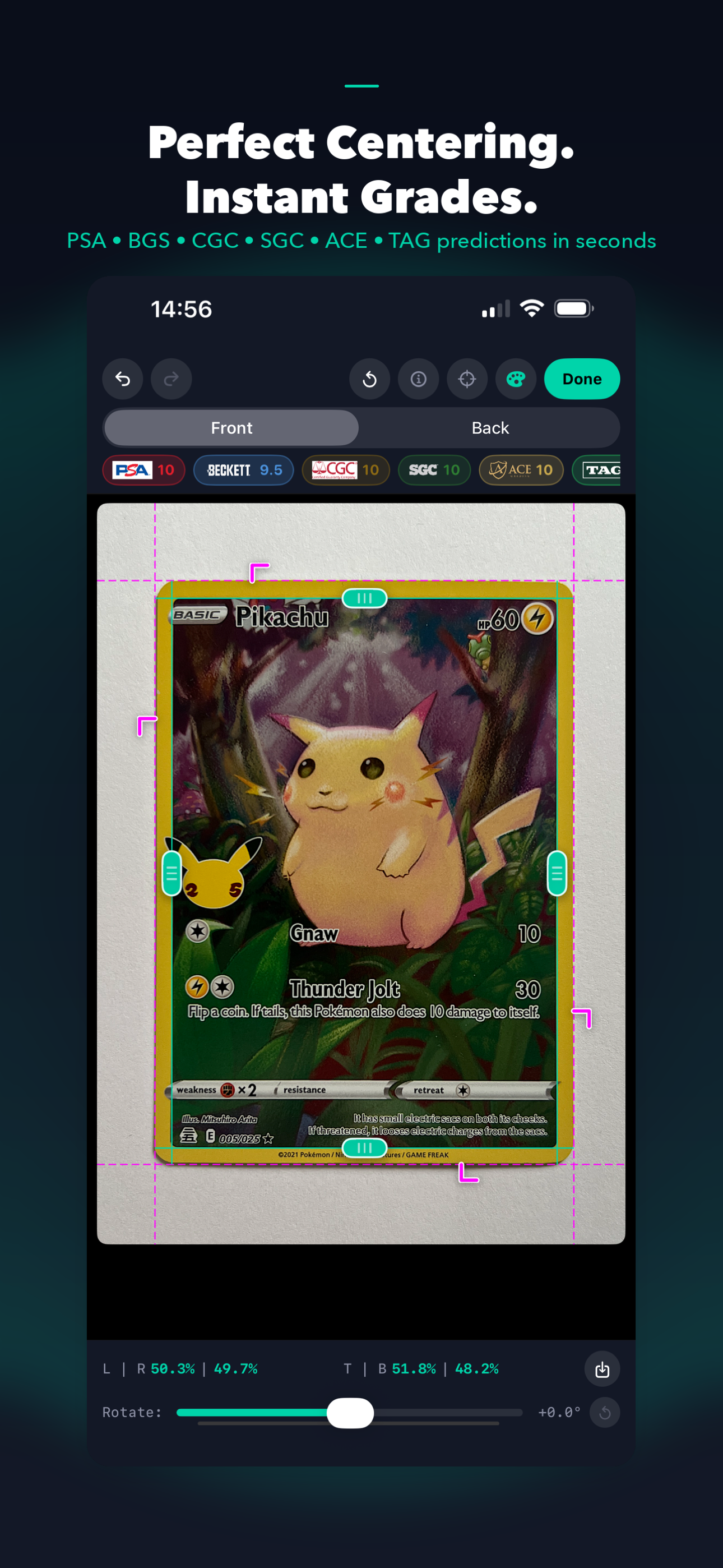 CenterGrade App centering results with grade predictions